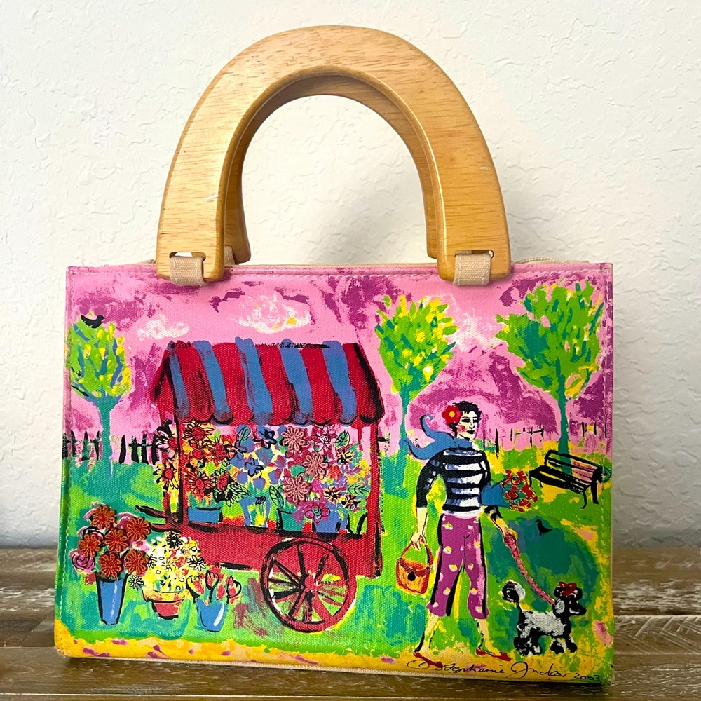 Hand painted Sonoma Handbag Wood Handle Beaded Embellishments